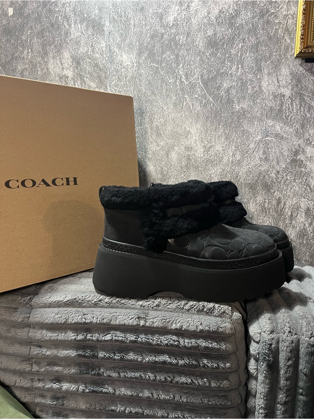 Coach Black Quilted Platform Ankle Boots with Shearling Trim NEW 7